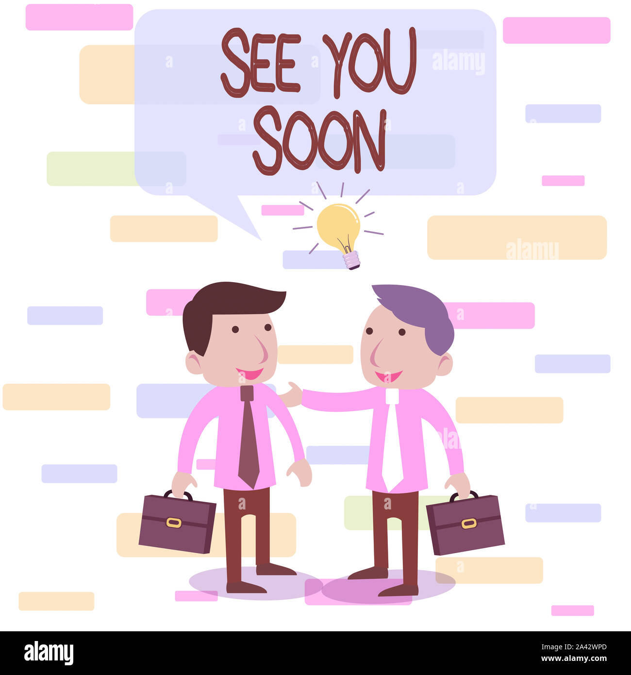 Écrit remarque montrant vous voir bientôt. Pour concept d'affaires utilisé pour dire au revoir à quelqu'un et d'aller à nouveau se réunir bientôt, deux hommes d'Colleagu blanc Banque D'Images