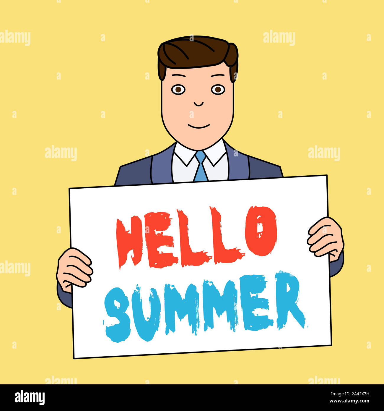 Écrit remarque montrant Bonjour l'été. Concept d'affaires pour la saison après le printemps et avant l'automne où le temps est chaud Smiling Man Holding Répondre Poster Banque D'Images