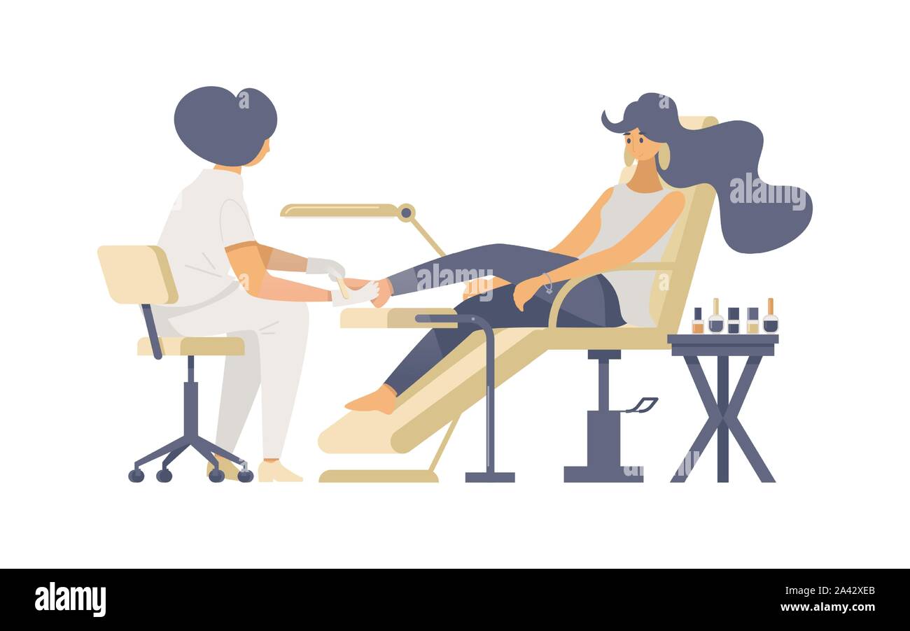 Pédicure professionnel télévision procédure illustrations vectorielles. Pédicure et les jeunes femmes fashion client salon de personnages de dessins animés. Salon de beauté, service de l'élément décoratif de cosmétologie Illustration de Vecteur