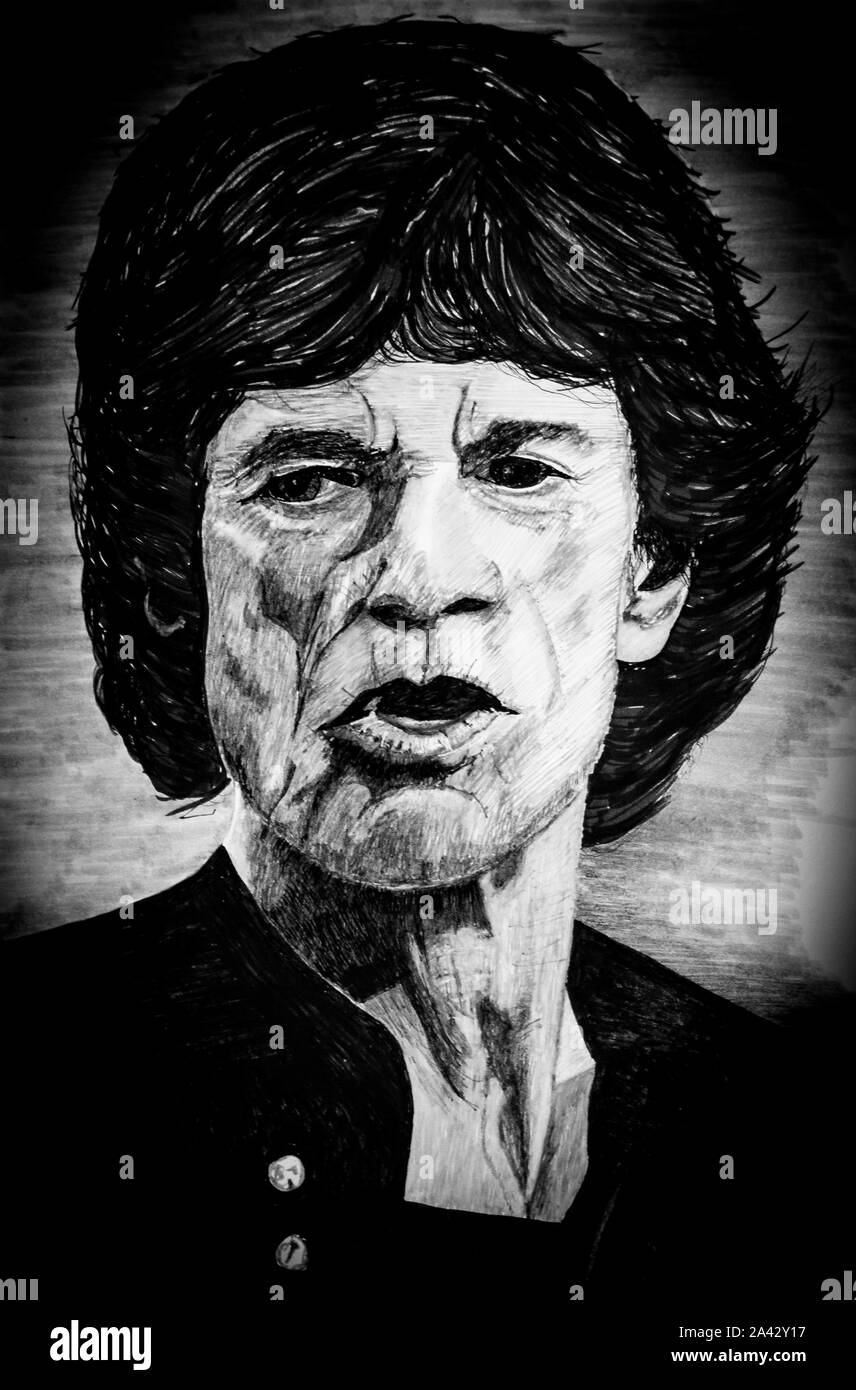Dessin, plume et encre de Mick Jagger Banque D'Images
