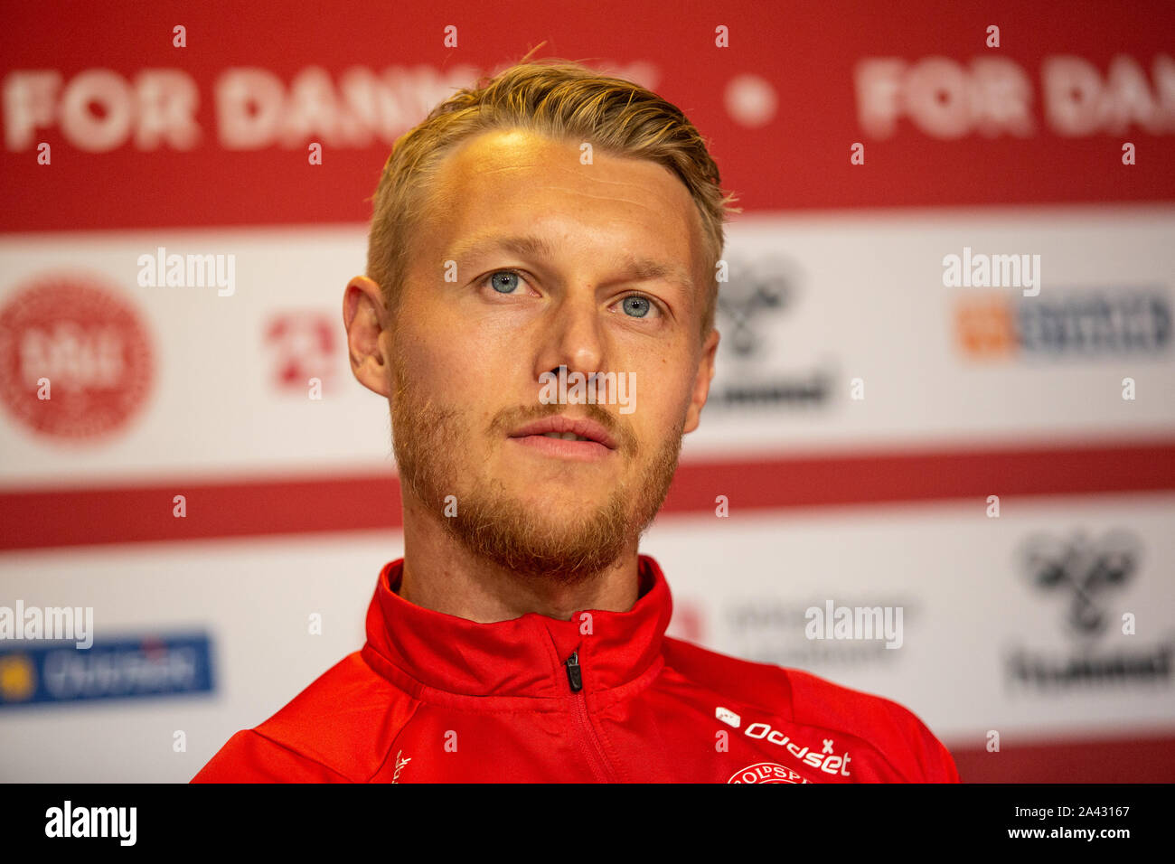 Copenhague, Danemark. Oct 11, 2019. Simon Kjaer de l'équipe nationale de football danois vu lors d'une conférence de presse avant l'EURO 2020 match de qualification contre la Suisse à Telia Parken. (Photo crédit : Gonzales Photo/Alamy Live News Banque D'Images