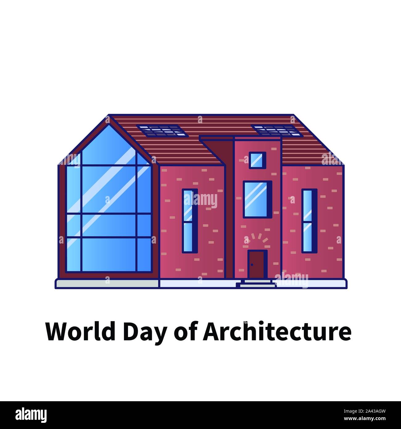 Maison moderne avec du texte journée mondiale de l'architecture sur un fond blanc dessiné dans un style plat Illustration de Vecteur