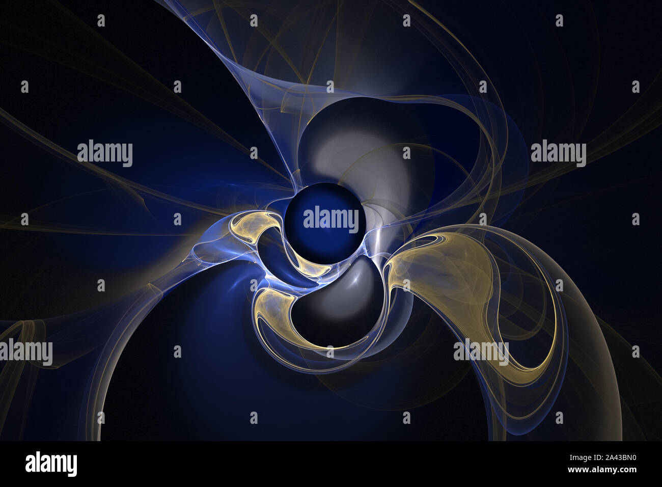 Couvre-lits bleus et or à motifs globe abstrait. Arrière-plan noir Banque D'Images