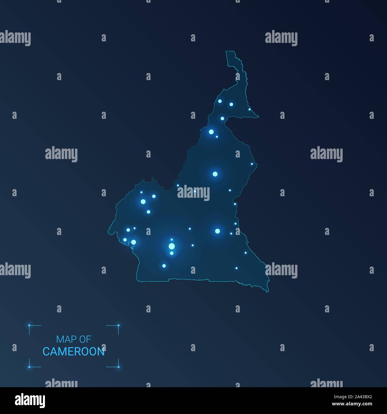 Carte avec les villes du Cameroun. Points lumineux - néons sur fond sombre. Vector illustration. Illustration de Vecteur