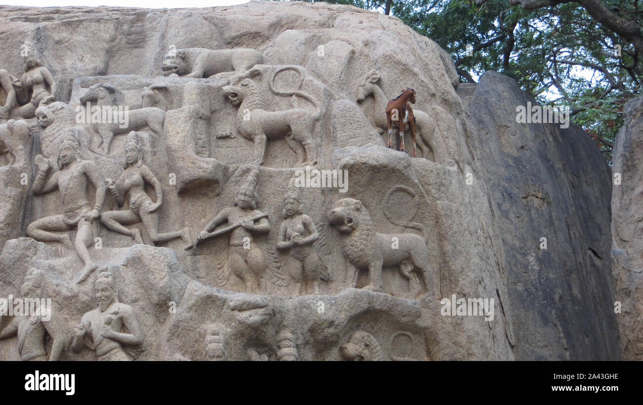 La Descente du Gange est un monument situé à Mamallapuram, Kancheepuram district de l'état de Tamil Nadu, Inde Banque D'Images
