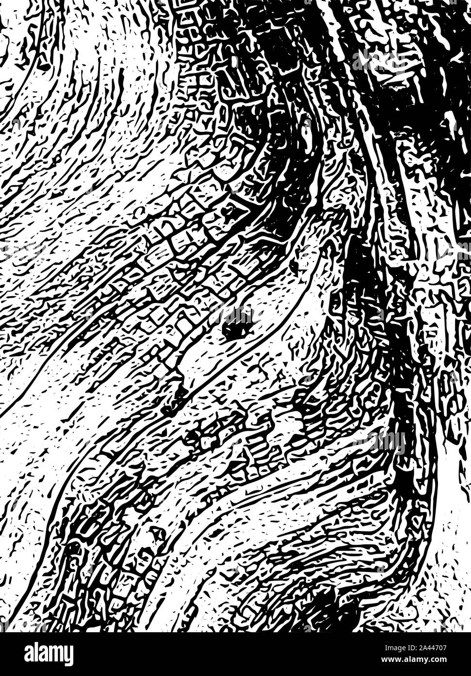 Illustration graphique en noir et blanc. Dessin au crayon d'écorce en arrière-plan gris. Banque D'Images