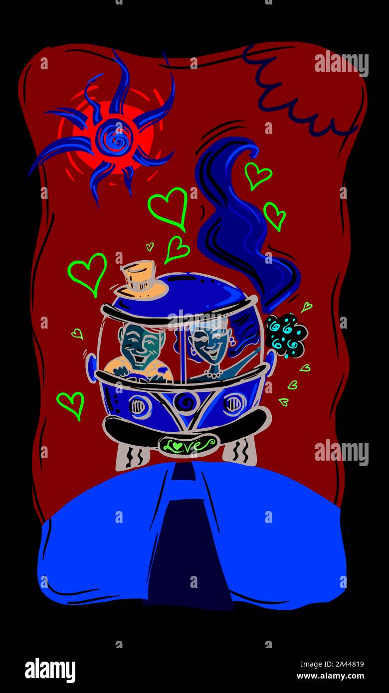 Une illustration amusante d'une fourgonnette de combie avec deux lovebirds qui descendent sur la route de l'amour et du bonheur. Banque D'Images