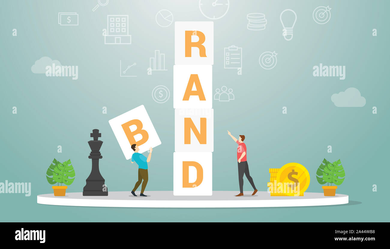 Développement de la marque avec les personnes de l'équipe Stratégie avec bloc mot concept avec une télévision moderne style - vector illustration Banque D'Images