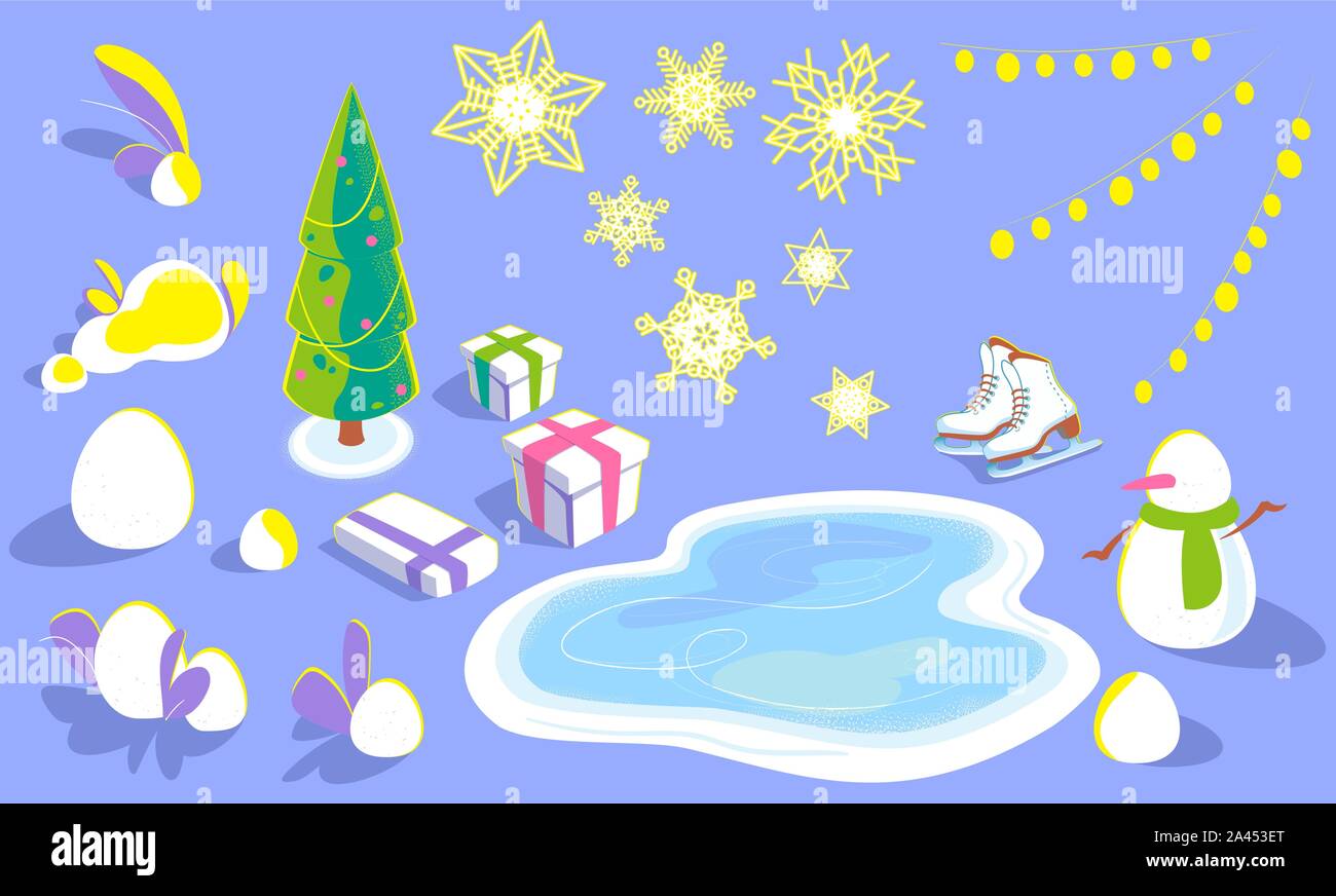 Ensemble d'éléments pour noël concept design, illustrations, cartes en vue isométrique. objets des vacances d'hiver en télévision, arbre de Noël, des flocons de neige, neige, patinoire, patins, bonhomme de neige, des boîtes-cadeaux, guirlandes. Illustration de Vecteur