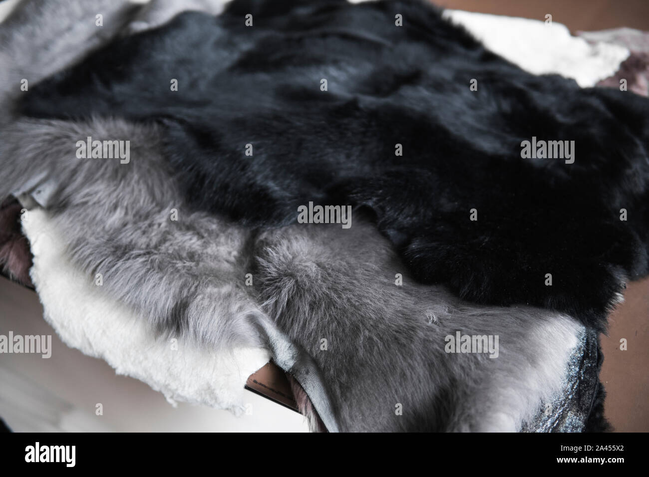 Morceaux de fourrure solides de différentes couleurs pour l'utilisation dans des chaussures confortables et chaleureux à coudre dans une usine de chaussures Banque D'Images