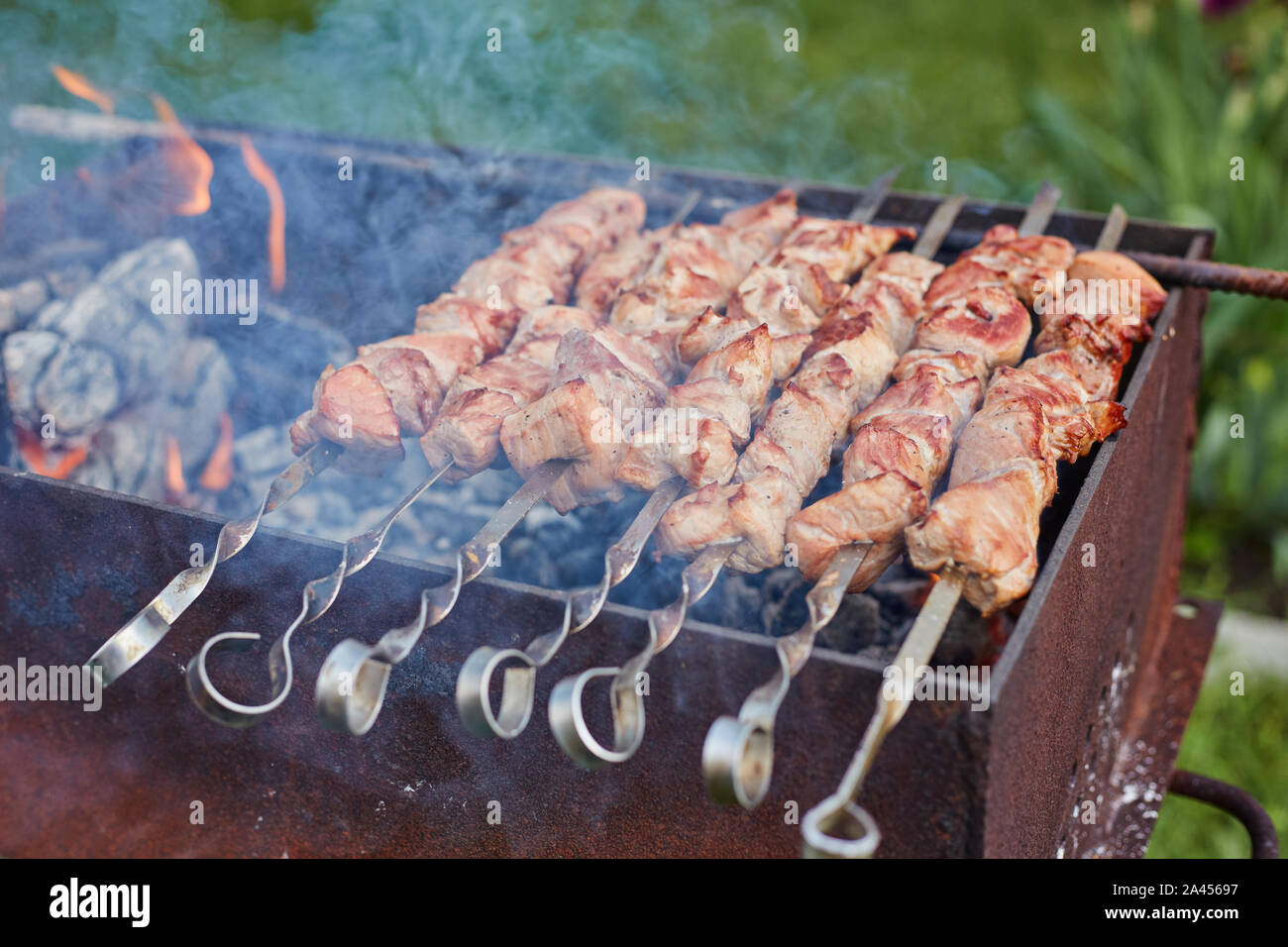 La cuisson des brochettes sur le mangal dans la nature Banque D'Images