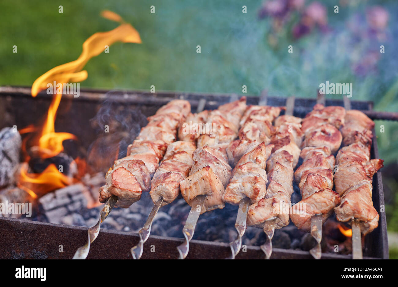 La cuisson des brochettes sur le mangal dans la nature Banque D'Images