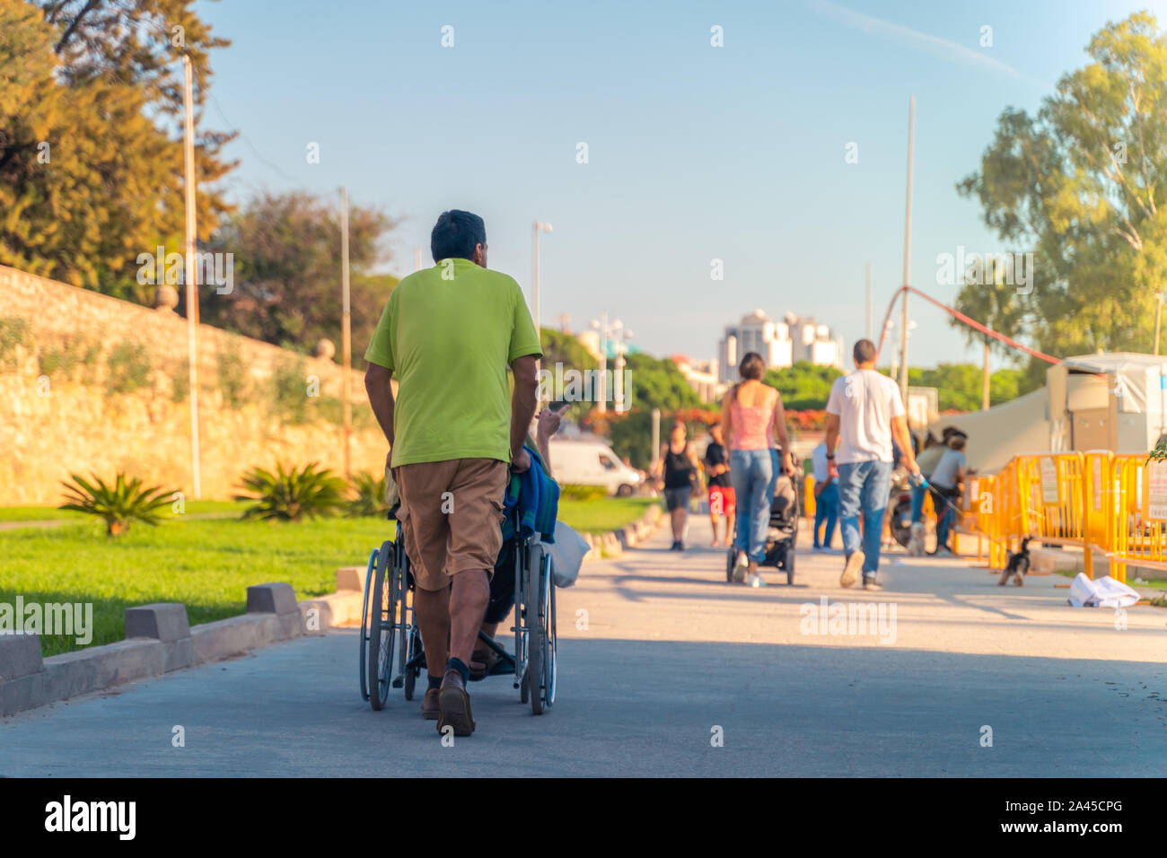 L'homme le déplacement d'une personne en fauteuil roulant. En prenant soin d'une personne handicapée. Une promenade dans un parc avec un parent âgé. Banque D'Images