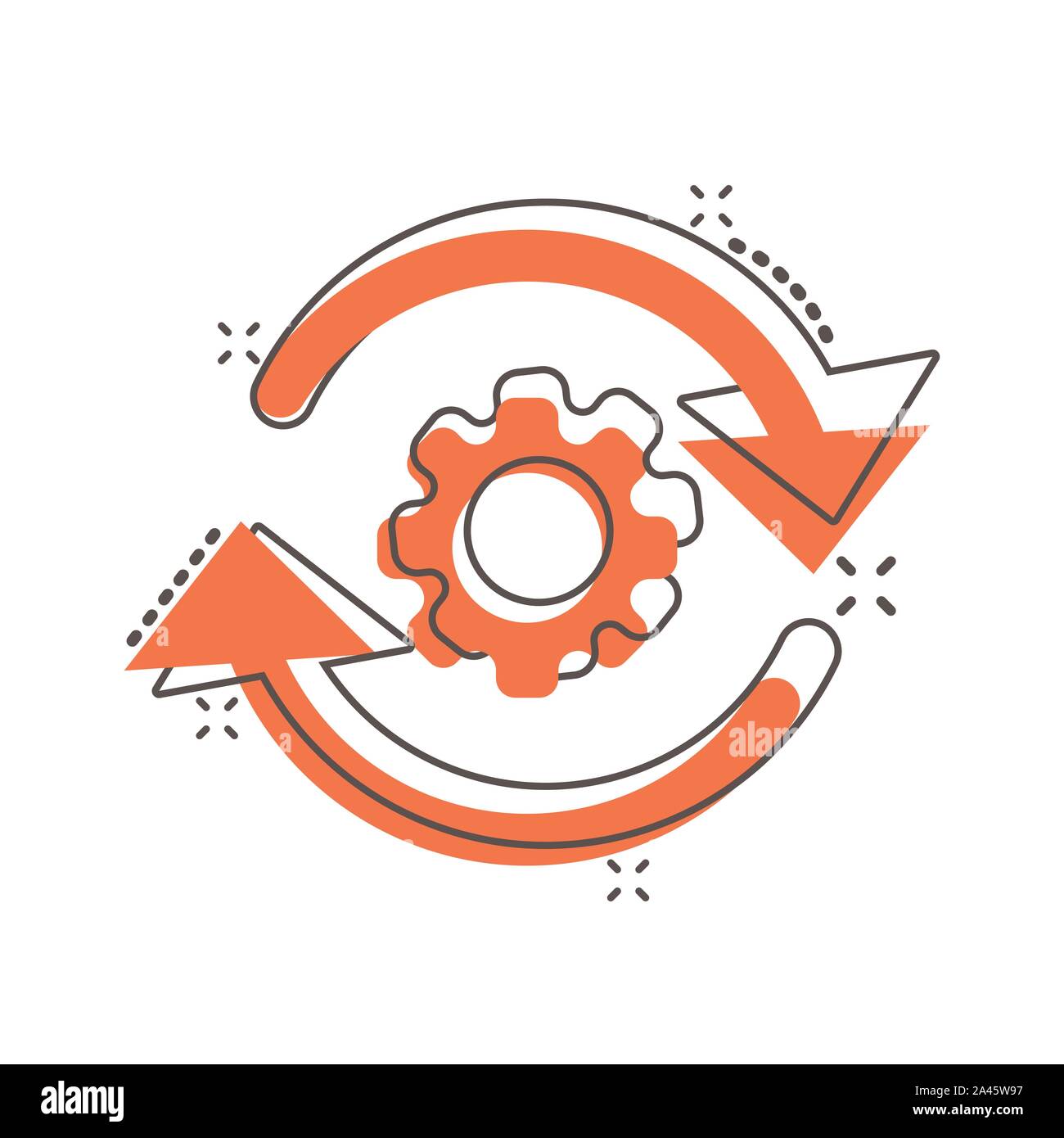 L'icône de processus de flux de travail dans le style comique. La roue dentée de l'engrenage avec des flèches vector cartoon illustration pictogramme. Concept d'affaires de workflow Splash effet. Illustration de Vecteur