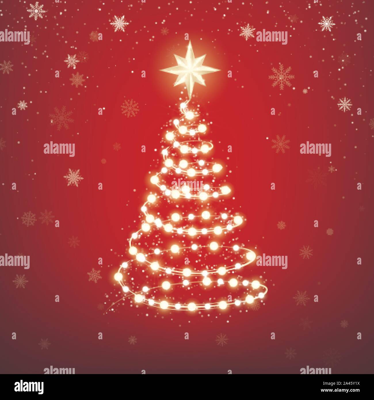 Couronne en forme d'arbre de Noël avec étoiles sur fond rouge. Brillant Noël garland. Maison de vacances éléments design décoratif. Guirlandes de décorations. Vector Illustration de Vecteur