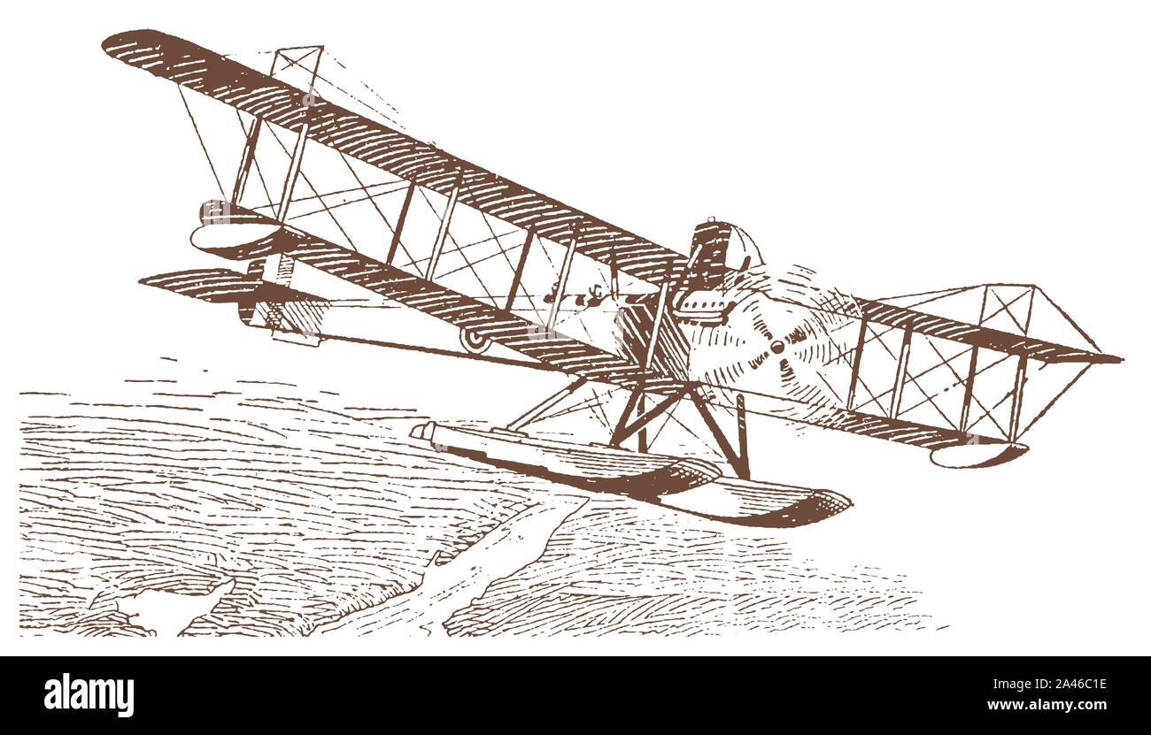 Hydravion biplan historique survolant un paysage de la rivière. Après une illustration la lithographie du début du xxe siècle Illustration de Vecteur