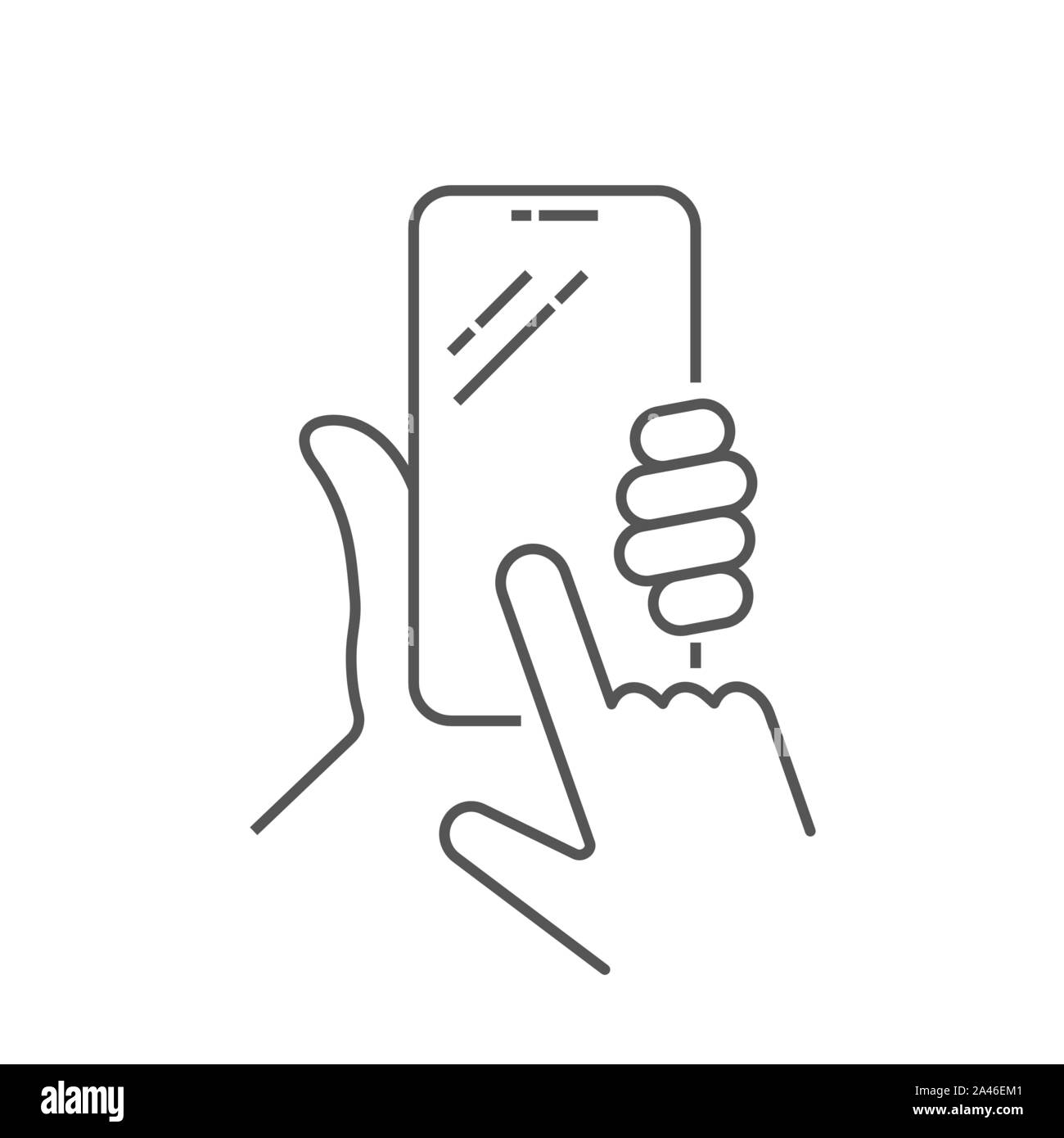 Part holing téléphone intelligent avec bouton acheter sur l'écran. À l'aide de mobile smartphone. L'icône de la ligne de téléphone mobile. Hand holding smartphone. Smartphone avec white Illustration de Vecteur