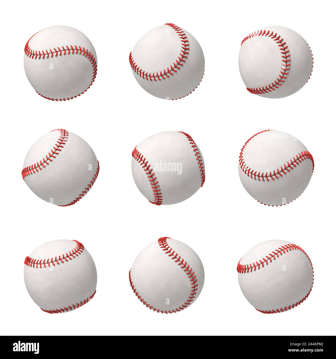Le rendu 3D d'un ensemble composé de plusieurs balles de cuir blanc avec surpiqûres rouges accroché sur un fond blanc. Le base-ball de tous les côtés. Bat and ball Banque D'Images
