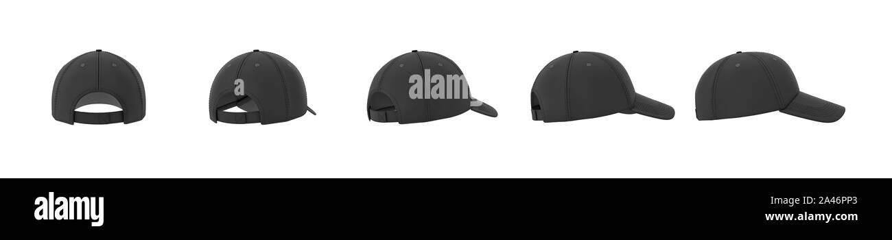 Le rendu 3D de 5 casquettes de baseball noir indiqué sur une ligne de retour à vue de côté sur un fond blanc. Baseball gear. Sport style. American coiffure Banque D'Images