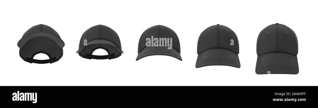Le rendu 3D de 5 casquettes de baseball noir indiqué sur une ligne dans une vue de face mais dans différents angles. Les différentes casquettes de baseball. Casquettes de sport. Le base-ball Banque D'Images