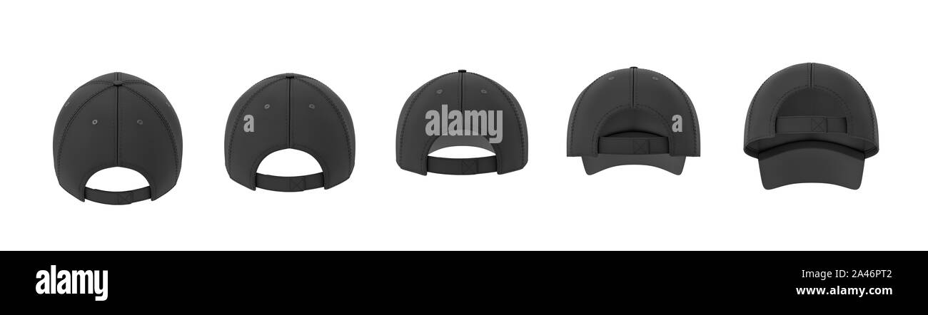 Le rendu 3D de 5 casquettes de baseball noir indiqué sur une ligne dans la vue arrière dans différents angles. Les différentes casquettes de baseball. Casquettes de sport. Baseball Cap v Banque D'Images