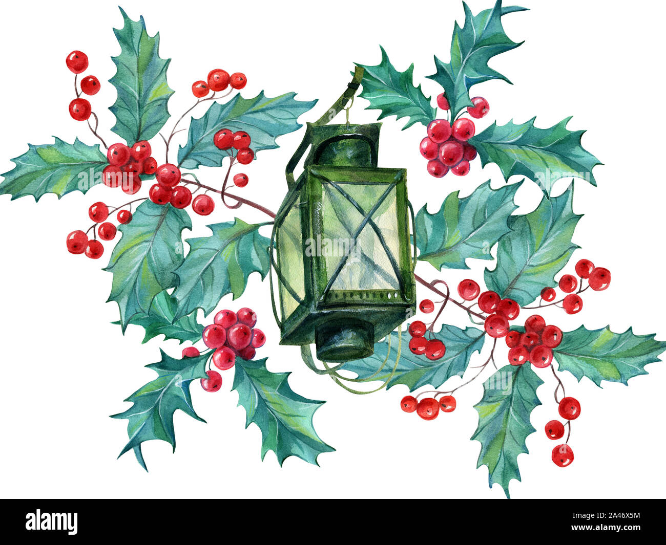Carte De Noël: Lanterne De Noël, Brindilles Et Baies Rouges Banque
