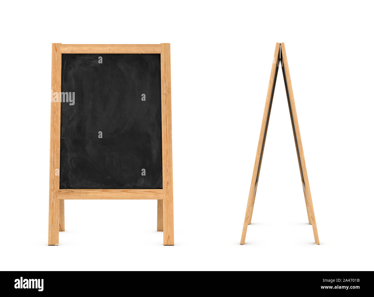 Le rendu 3D d'un chevalet en bois avec tableau noir isolé sur le fond blanc, de face et de côté. Les fournitures scolaires. Processus de création. Ed Banque D'Images