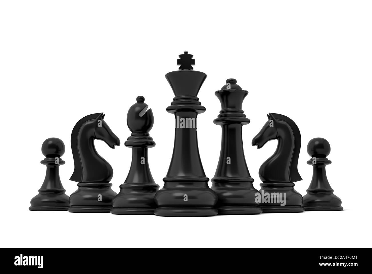 Le rendu 3D d'un des roi noir se trouve dans le centre d'autres moindre pièces noires sur un fond blanc. Stratégie et réflexion. Superiorit d'affaires Banque D'Images