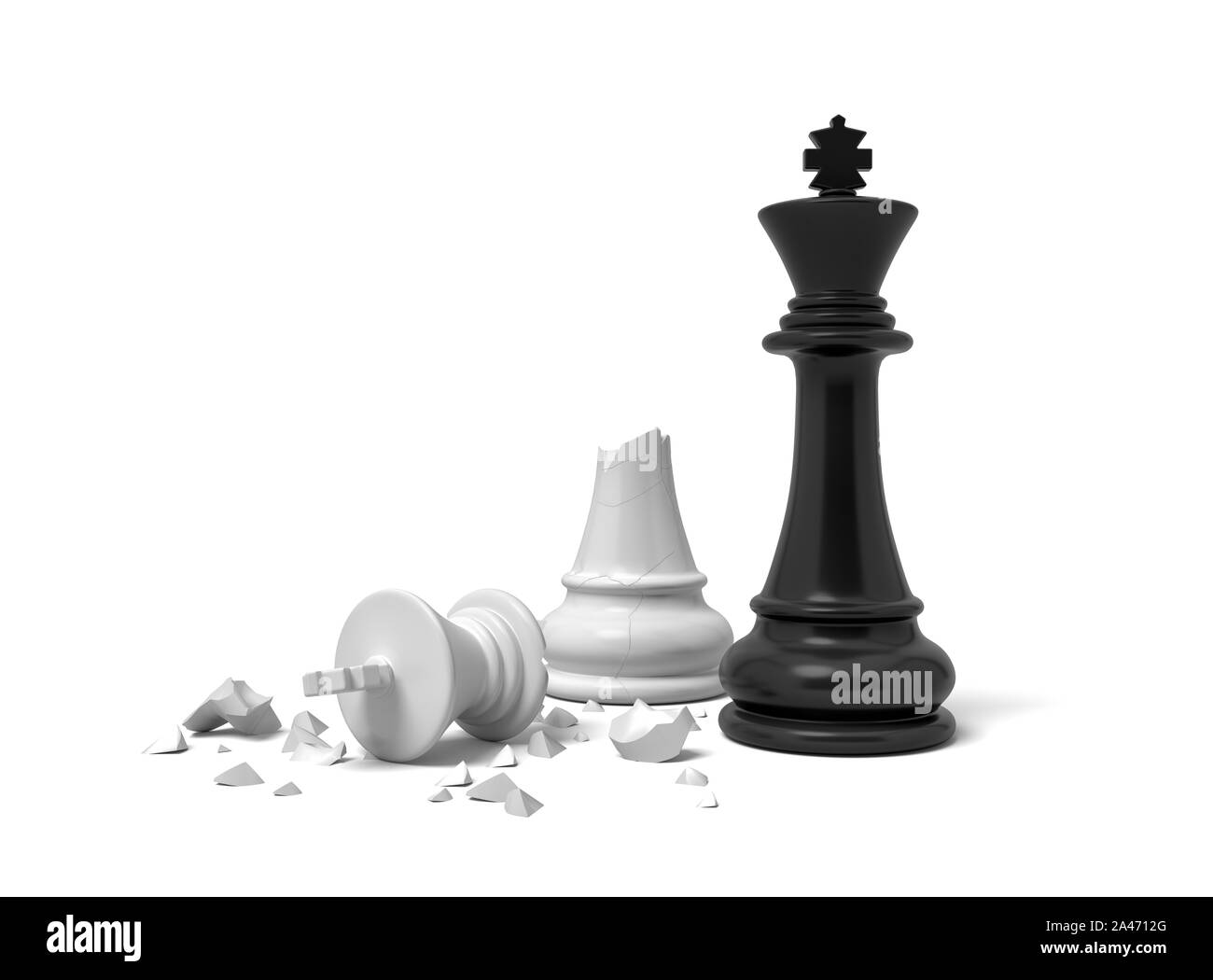 Le rendu 3D d'un roi d'échecs noir près d'un roi blanc figure cassé en deux. Jeu d'échecs. Perdre et gagner. Décision imprudente. Banque D'Images