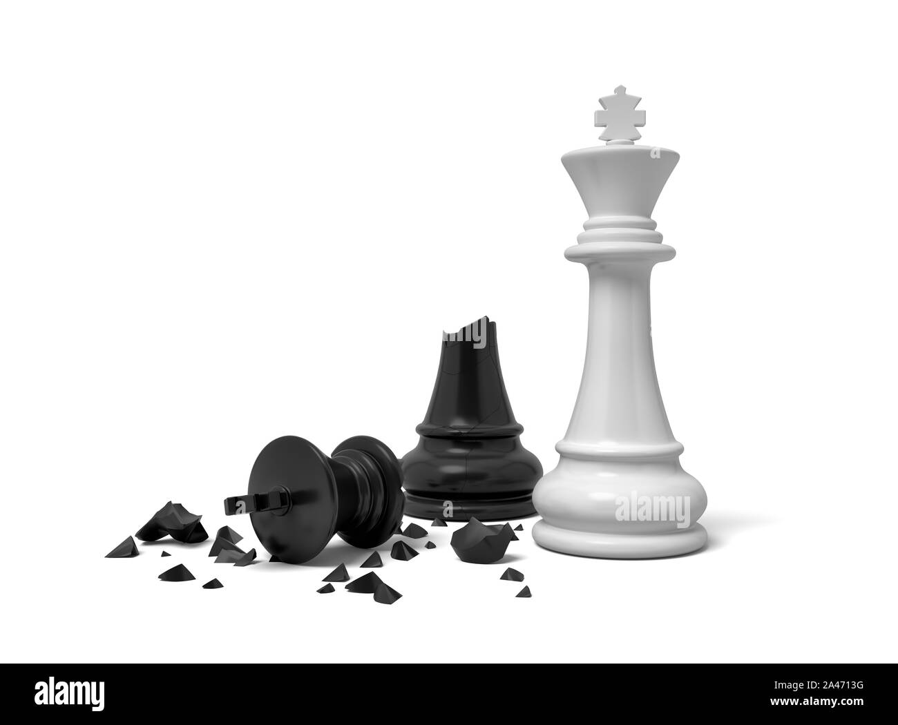 Le rendu 3D d'un roi d'échecs blanc près d'un roi noir figure cassé en deux. Jeu d'échecs. Perdre et gagner. Décision imprudente. Banque D'Images