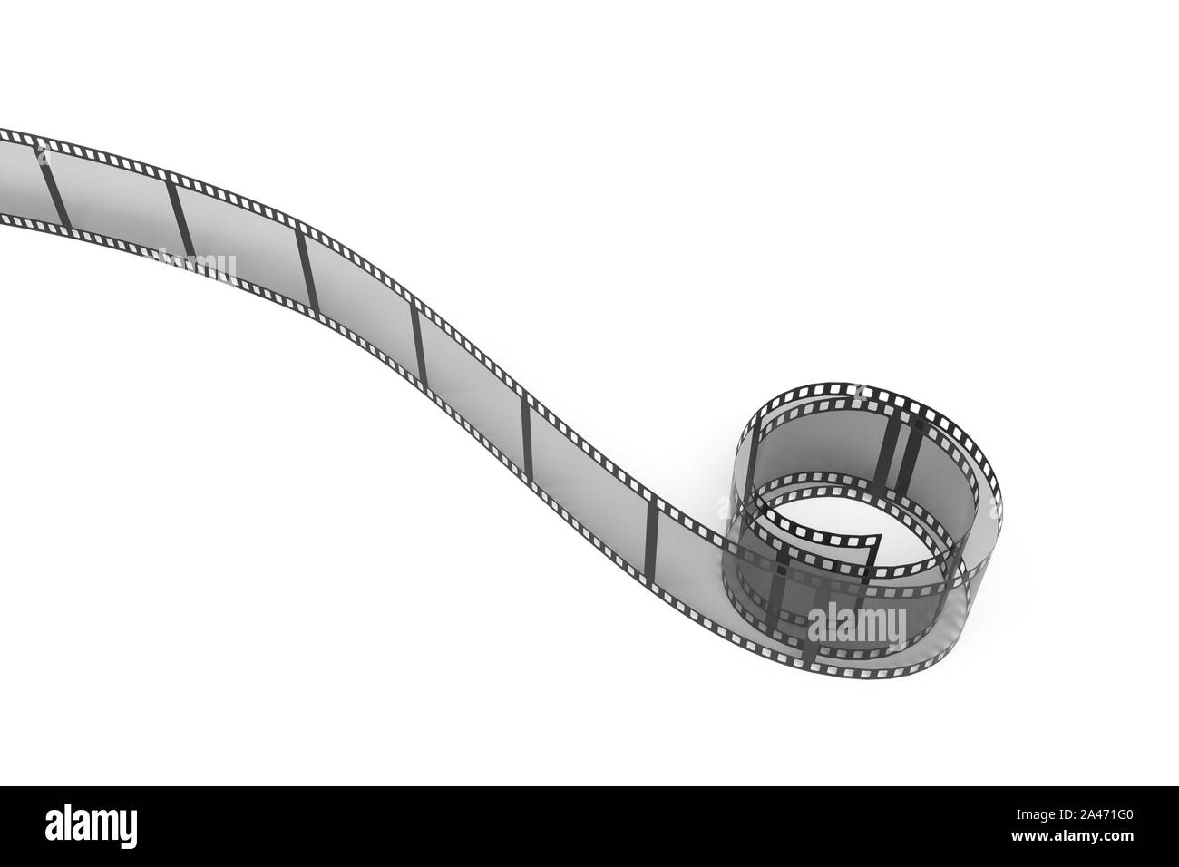 Le rendu 3D d'une seule bande de film disposés en tours et se penche sur fond blanc. Les médias et l'art. Les films et films. Retro technologies. Banque D'Images