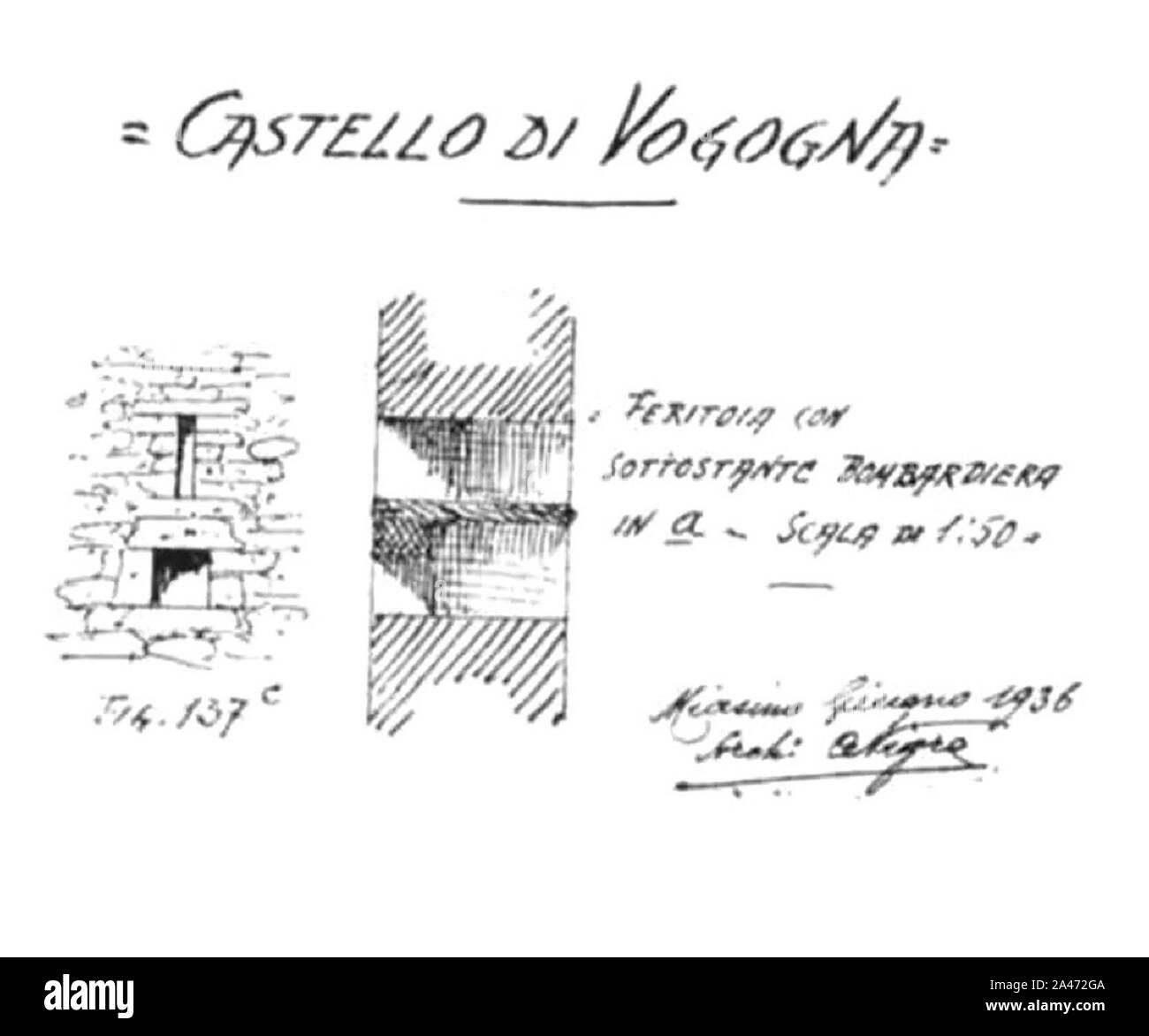 Fig 137c, Castello di noci, feritoia con sottostante bombardiera, p218, dis Nigra, giugno 1936, nigra il novarese. Banque D'Images