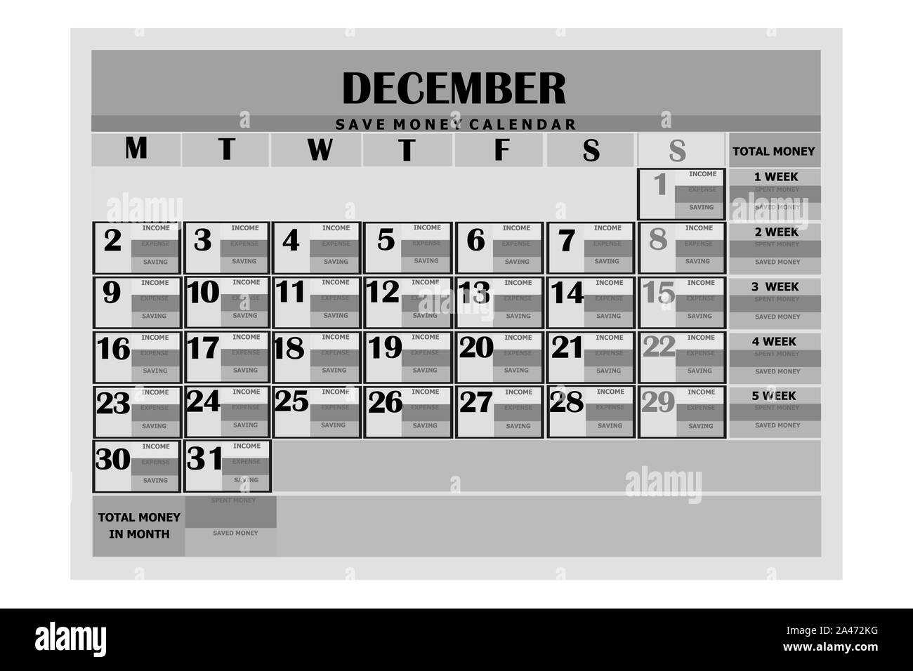 Mois civil Design décembre 2019. Calendrier 2019 d'économiser de l'argent. Calendrier pour l'organisation, d'une famille. Semaine commence lundi. Année 2019 Calendrier. Il Banque D'Images