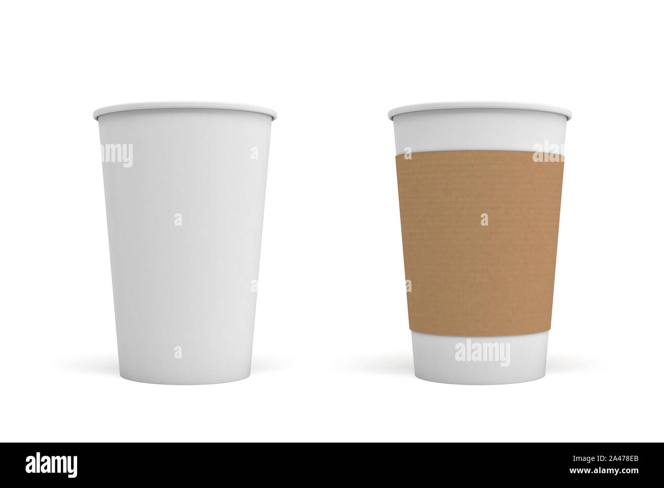 Le rendu 3d de deux tasses de café blanc, l'une avec un manchon de carton sur l'un et vide. Le café du matin. Des boissons à emporter. Prendre le café et de livraison. Banque D'Images Le rendu 3d de deux tasses de café blanc, l'une avec un manchon de carton sur l'un et vide. Le café du matin. Des boissons à emporter. Prendre le café et de livraison. Banque D'Images