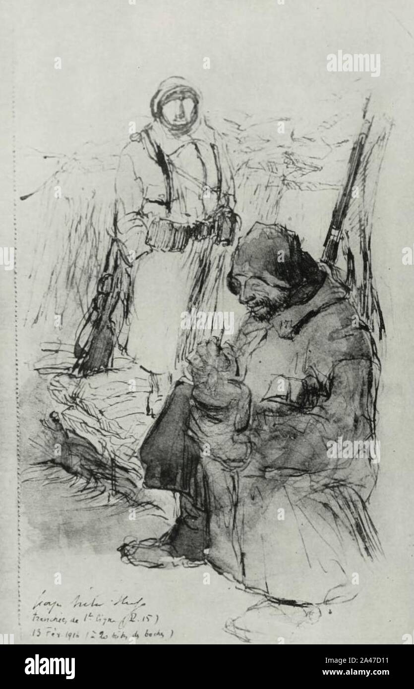 Première ligne de tranchées en Champagne - par Georges-Victor Hugo, 1916. Banque D'Images