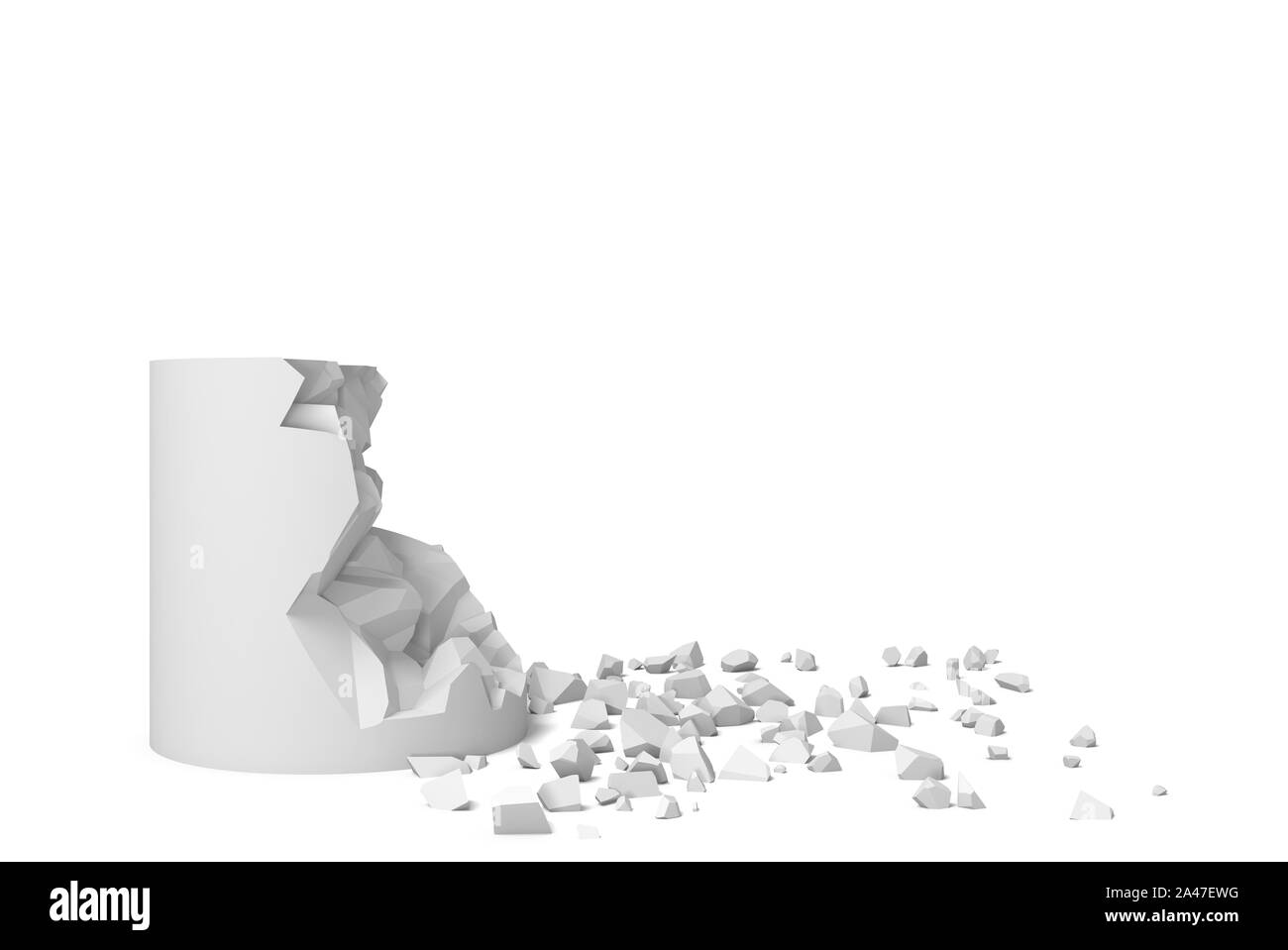 Le rendu 3D d'un cylindre solide être détruit avec des morceaux se trouvant à proximité. Formes et figures. La destruction et la rupture. Structure de bloc. Banque D'Images