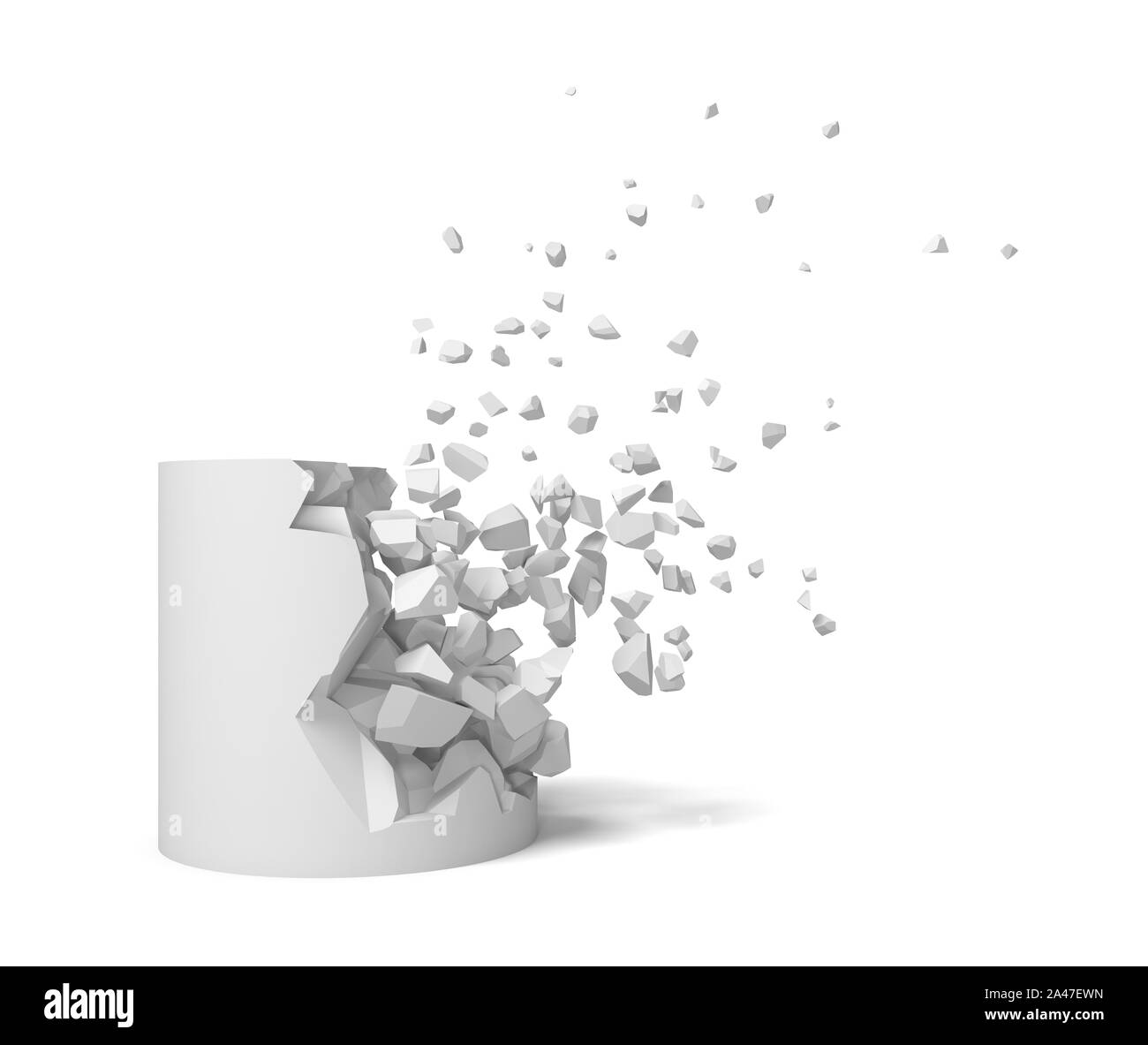 Le rendu 3D d'un cylindre solide être détruit avec des morceaux voler haut. Formes et figures. La destruction et la rupture. Structure de bloc. Banque D'Images