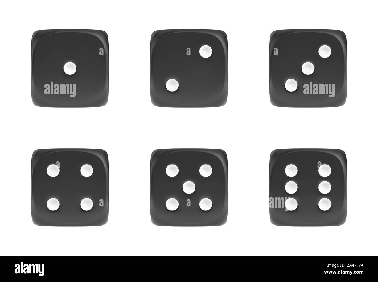 Le rendu 3D d'un ensemble de six black dice en vue de l'avant avec des points blancs indiquant des numéros différents. Paris et Paris. Jeux et casino. Gagner ou perdre. Banque D'Images
