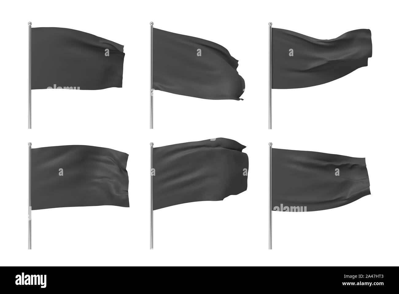Le rendu 3D de six drapeaux noirs accroché sur des poteaux et hésitations sur un fond blanc. Lancer drapeau noir. Symbole de liberté. Remise et d'abandonner. Banque D'Images