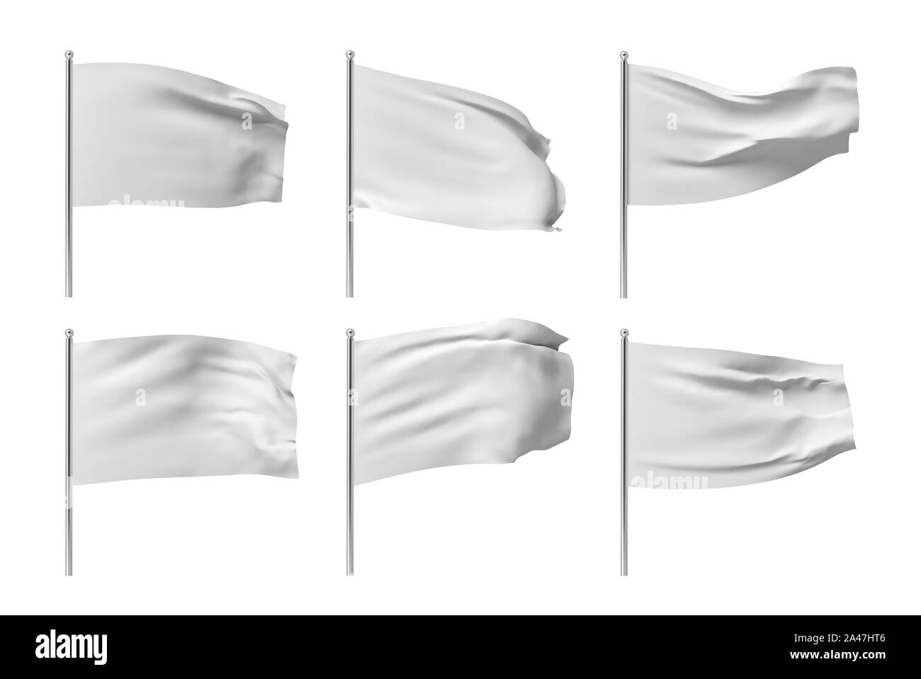 Le rendu 3D de six drapeaux blancs accroché sur des poteaux et hésitations sur un fond blanc. Lancer drapeau blanc. Symbole de liberté. Remise et d'abandonner. Banque D'Images