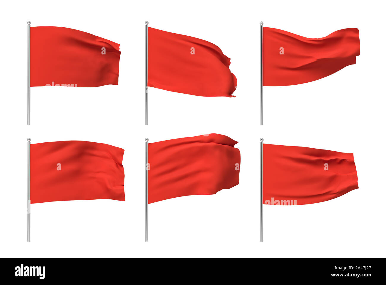 Le rendu 3D de six drapeaux rouges accroché sur des poteaux et hésitations sur un fond blanc. Lancer drapeau rouge. Symbole de liberté. Remise et d'abandonner. Banque D'Images