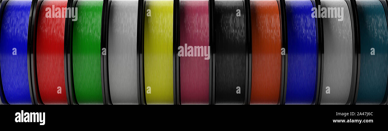 Les filaments de l'imprimante 3D'arrière-plan. Bobines de fil plastique en couleur pour l'impression 3D, bannière d'arrière-plan. La bobine du thermoplastique (acide polylactique pla). 3d Banque D'Images