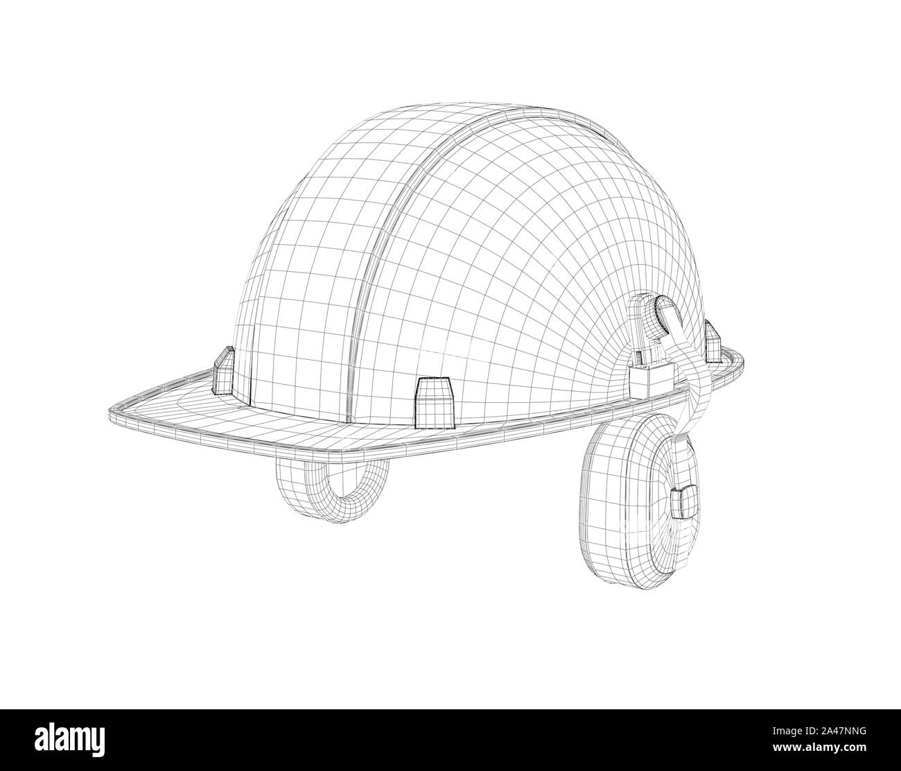 Fil de fer 3d d'un casque de sécurité avec écouteurs isolé sur le fond blanc. Le bâtiment et la construction. La modélisation en 3d. Uniforme et l'équipement. Banque D'Images