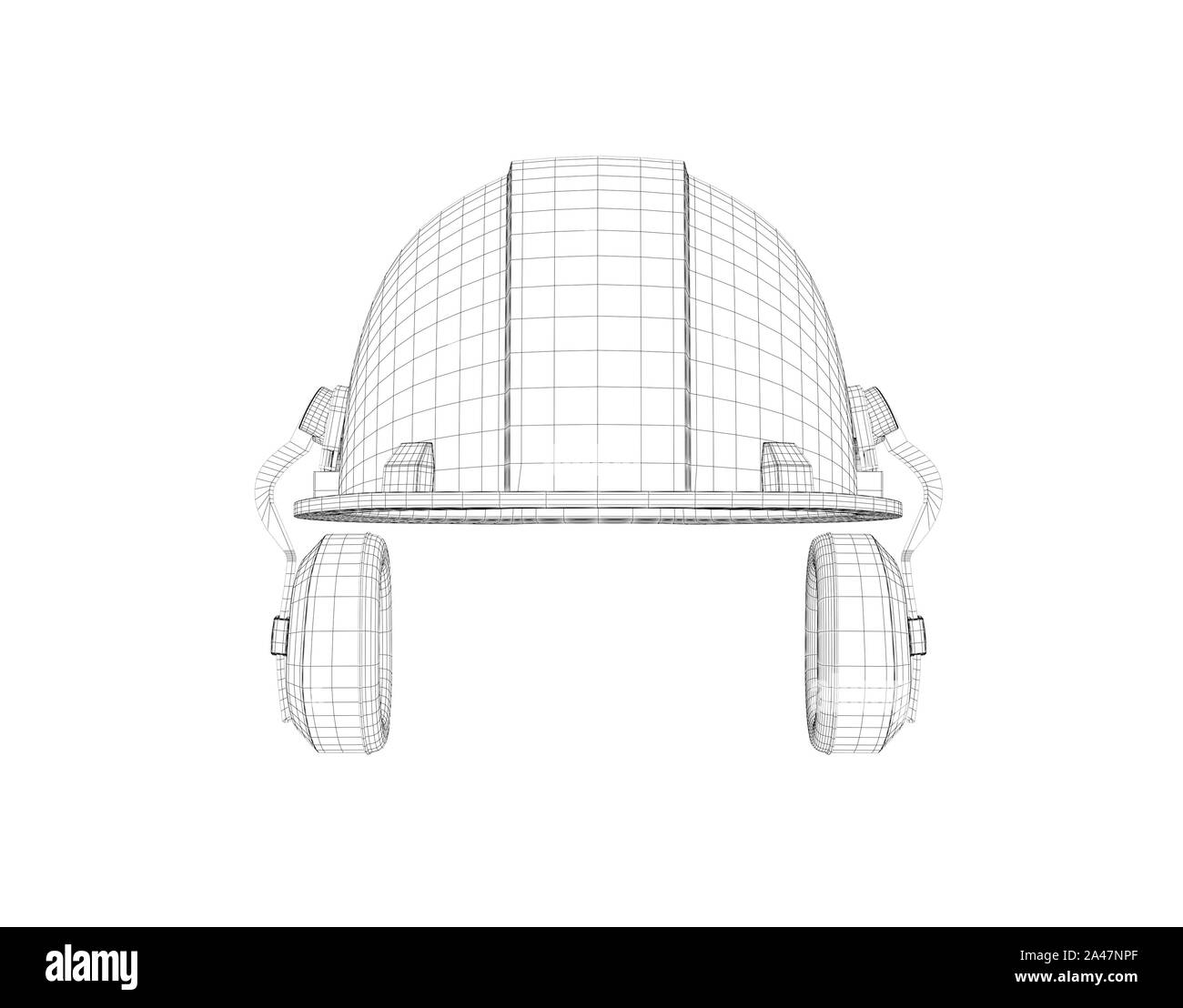 Fil de fer 3d d'un casque de sécurité avec écouteurs isolé sur le fond blanc. Le bâtiment et la construction. La modélisation en 3d. Uniforme et l'équipement. Banque D'Images