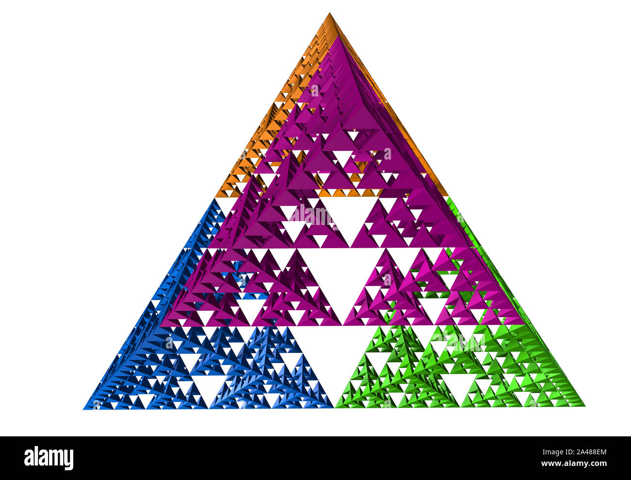 Bleu, vert, jaune et violet triangle de Sierpinski sur fond blanc. C'est une fractale avec l'ensemble de la forme d'un triangle équilatéral, subdivisé Banque D'Images