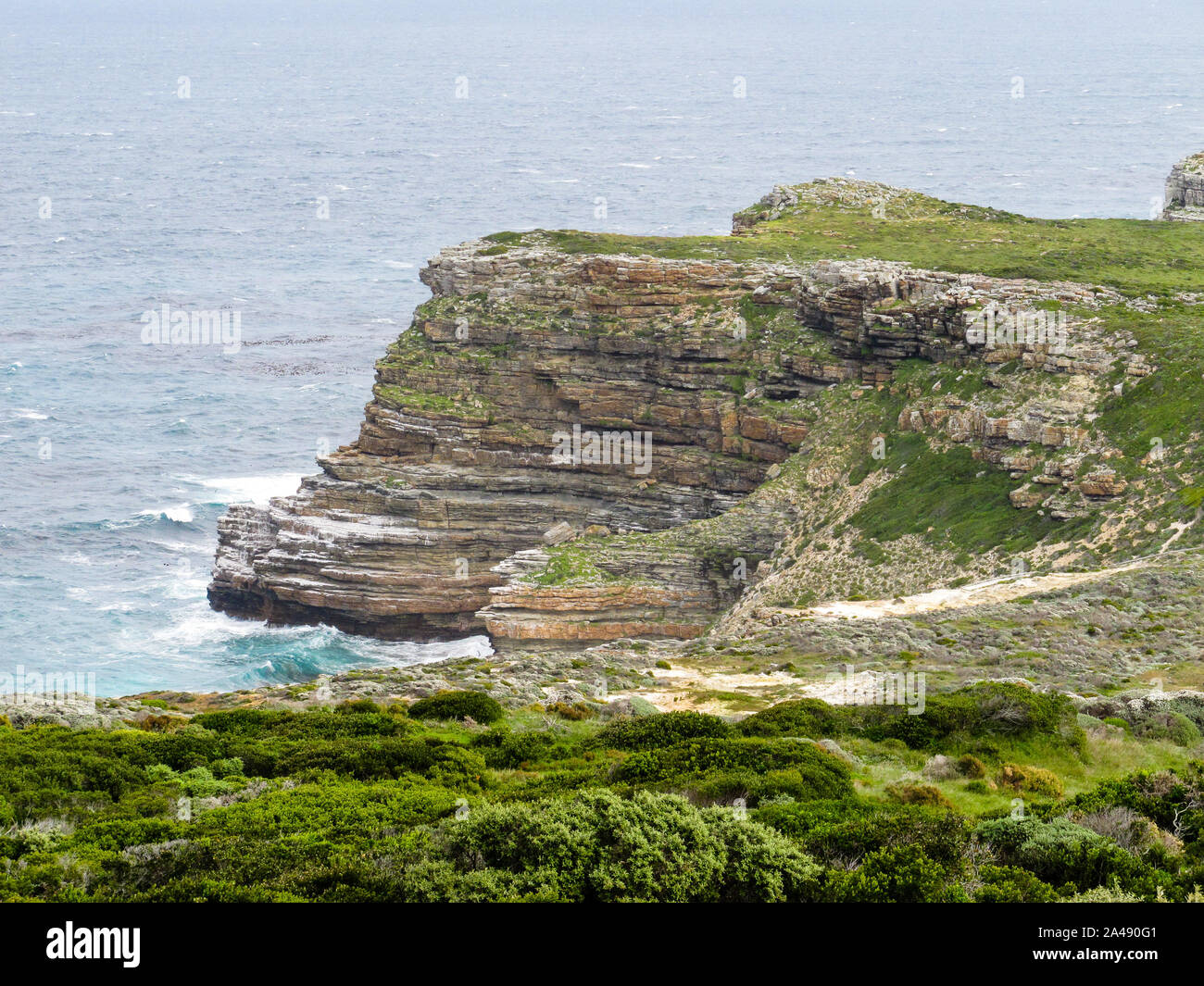 Couches ou strates de roches sédimentaires du groupe de la Montagne de la table de grès visible sur une falaise surplombant la mer à la pointe du Cap, Afrique du Sud Banque D'Images