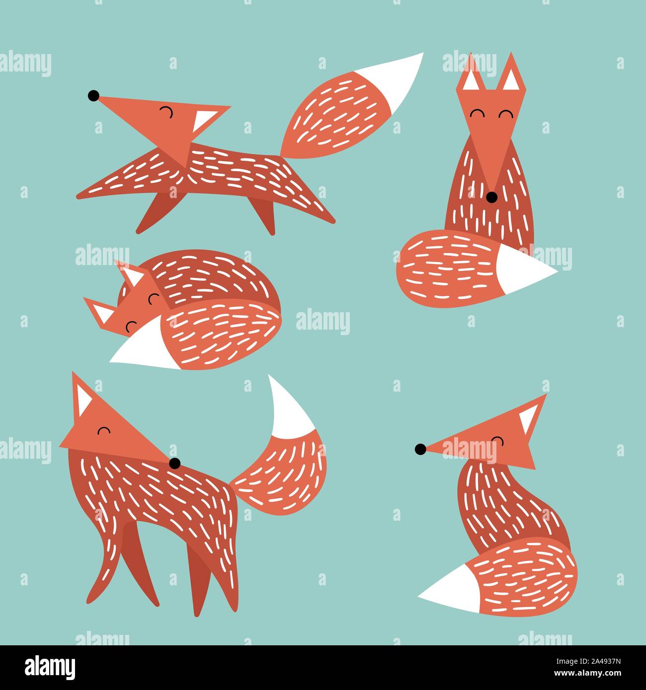 Jeu de simple appelée renards mignon isolé sur fond vert. Drôle animaux forestiers dans un style scandinave. Illustartion de vecteur. Illustration de Vecteur