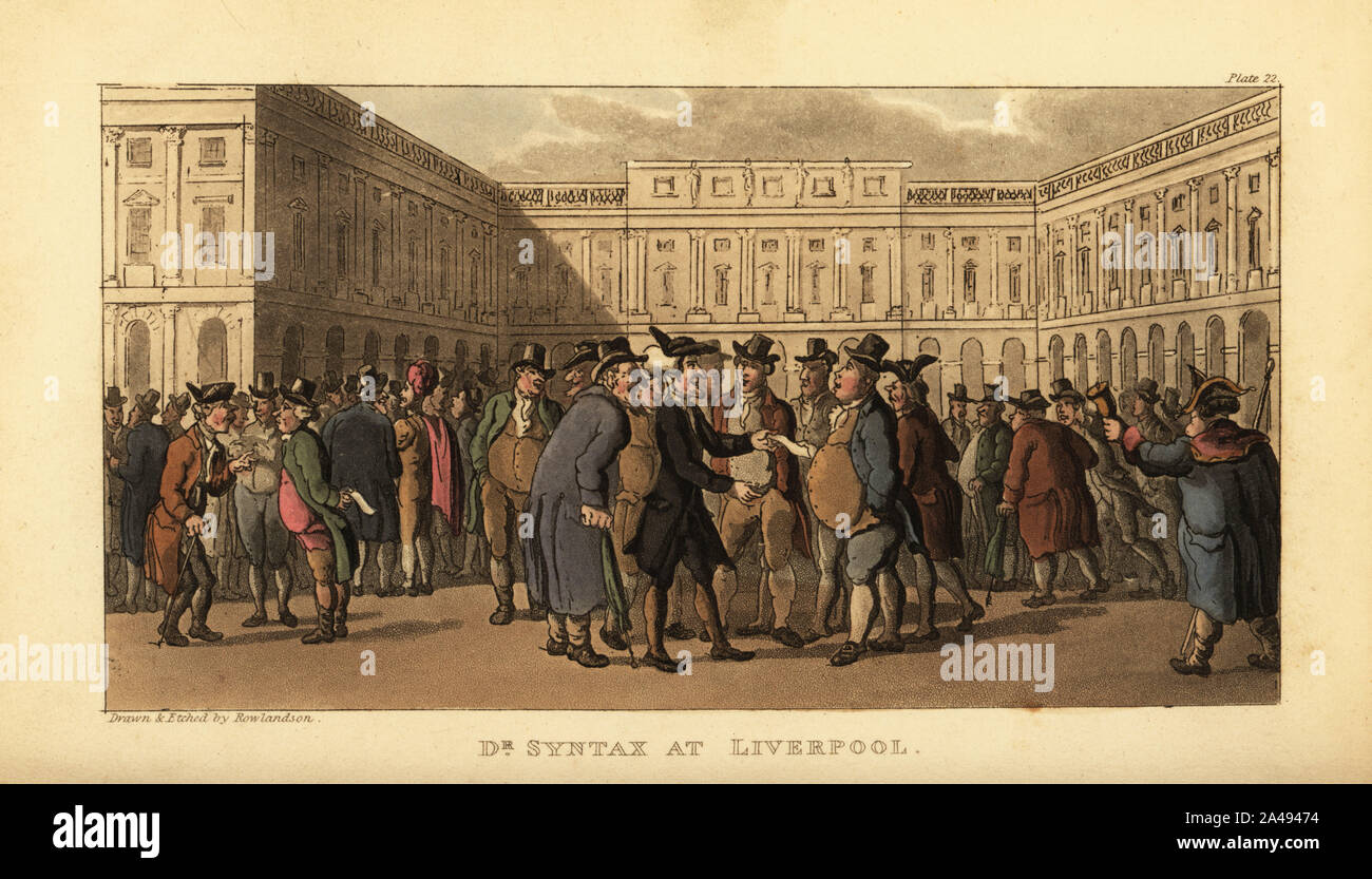 Regency messieurs en face de la Bourse du Coton, Liverpool. Le Dr Syntaxe essayer de modifier une note pour l'argent comptant avec les hommes d'affaires, un usurier Juif, etc. Le Dr Syntaxe à Liverpool. La gravure sur cuivre coloriée dessiné et gravé par Thomas ROWLANDSON de William Combe's Le Tour de syntaxe médecin à la recherche du pittoresque, Rudolph Ackermann, Londres, 1813. Banque D'Images