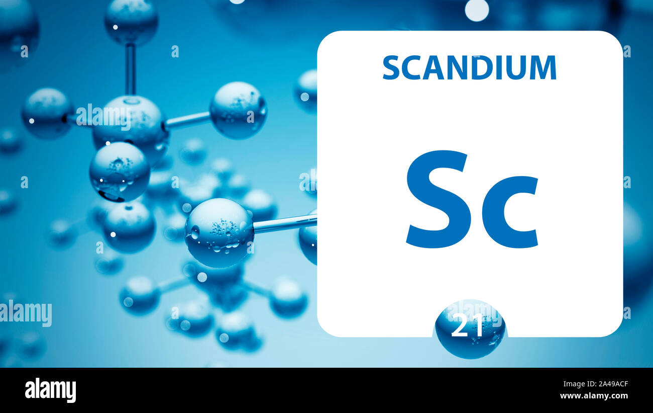 Le scandium Sc, élément chimique signe. Le rendu 3D isolé sur fond blanc. L'élément chimique le scandium 21 pour les expériences scientifiques en classe scien Banque D'Images