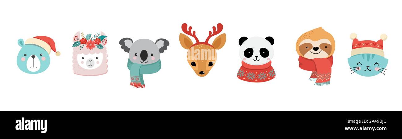 Collection de Noël mignon animaux, Joyeux Noël illustrations de panda, Fox, le lama, l'indolence, chat et chien avec accessoires d'hiver Illustration de Vecteur